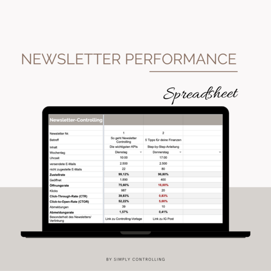Newsletter Performance Spreadsheet auf einem Laptop dargestellt